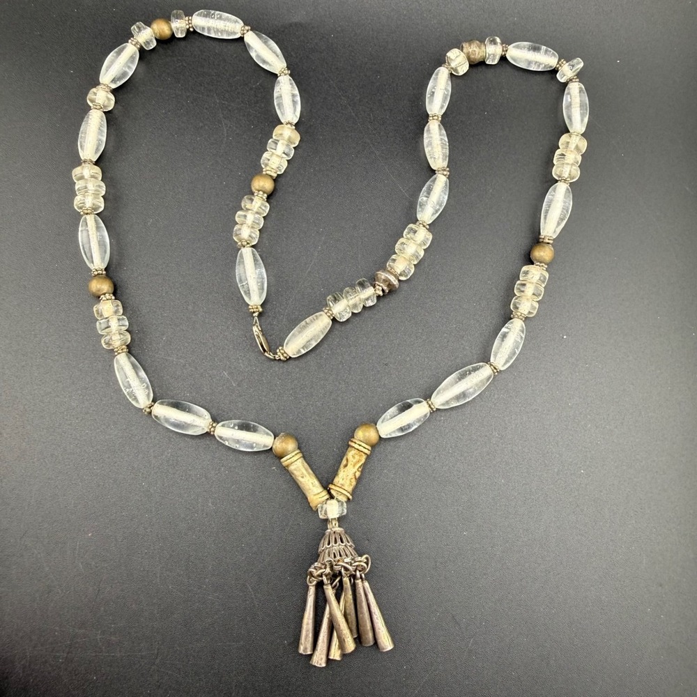 Vintage Estate Tassel Necklace Clear Glass Beaded Sterling Clasp 30in